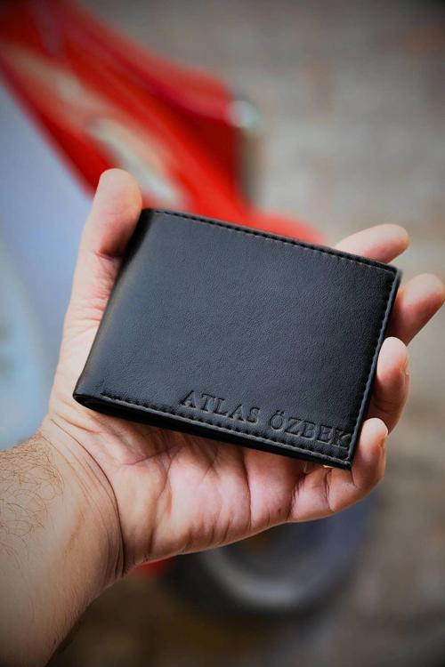 Vegan Deri İsme Özel Baskılı Erkek Cüzdanı - 12 Kartlık ve Geniş Para Bölmeli Lüks Tasarım Siyah