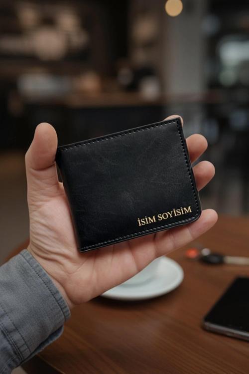 Vegan Deri Cüzdan İsim Baskılı Süper Ince Model 5 Adet Kart Kapasiteli Gizli Çıtçıtlı Kapama Siyah