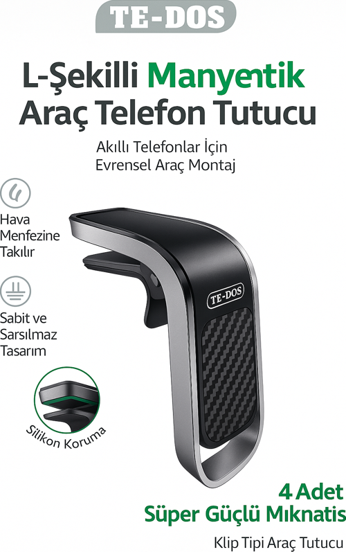 TD-H7513 L Şekilli Manyetik Araç Telefon Tutucu Güçlü Mıknatıs Hava Menfezine Takılır