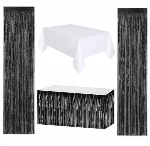 Beyaz Masa Örtüsü, Siyah Masa Eteği, 2 Adet Siyah Arka Fon
