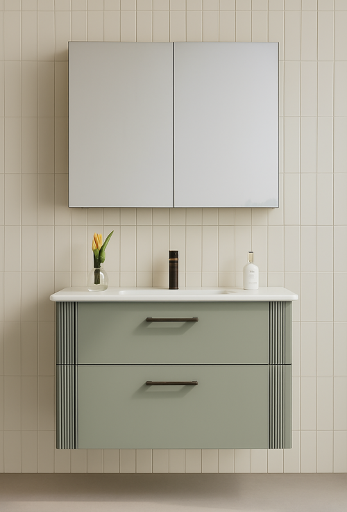 Bari 85 cm Mat Yeşil Banyo Dolabı Takımı (Dolaplı Ayna)