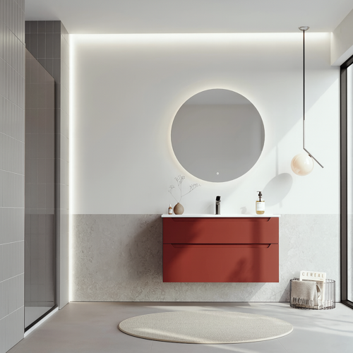 Messina 100 cm Tuscan Kırmızı Banyo Dolabı Takımı (Ledli Ayna)