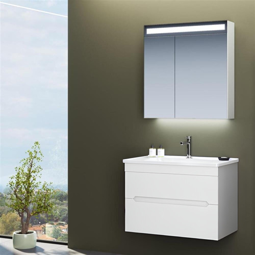 Varna 80 cm Mat Beyaz Banyo Dolabı Takımı (Ledli-Dolaplı Ayna)