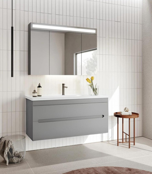 Varna 120 cm Mat Gri Banyo Dolabı Takımı (Ledli-Dolaplı Ayna)