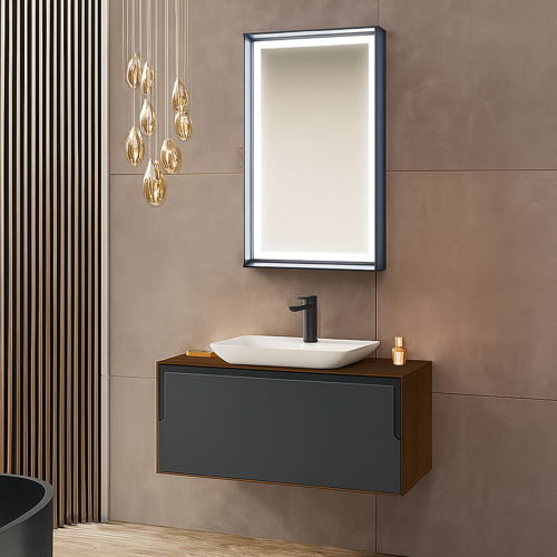 Craft 100 cm Ceviz Banyo Dolabı Takımı (Ledli Ayna-Mat Beyaz Lavabo)