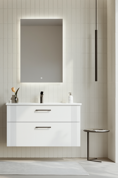 Bari 100 cm Mat Beyaz Banyo Dolabı Takımı (Ledli Ayna)
