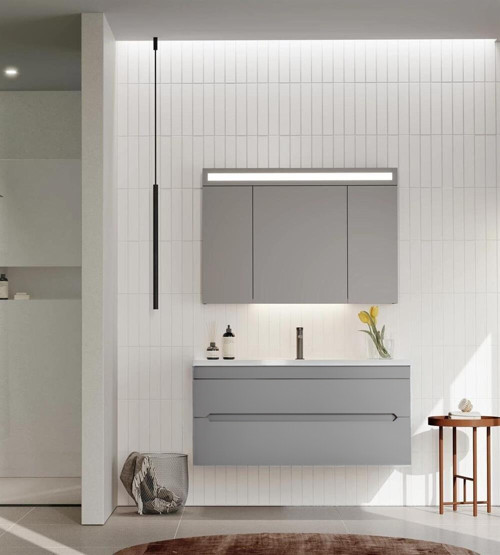 Varna 100 cm Mat Gri Banyo Dolabı Takımı (Ledli-Dolaplı Ayna)