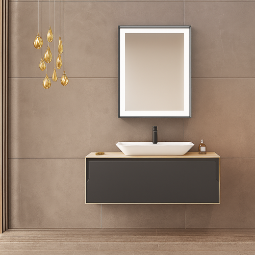 Craft 100 cm Meşe Antrasit Banyo Dolabı Takımı (Ledli Ayna-Mat Beyaz Lavabo)