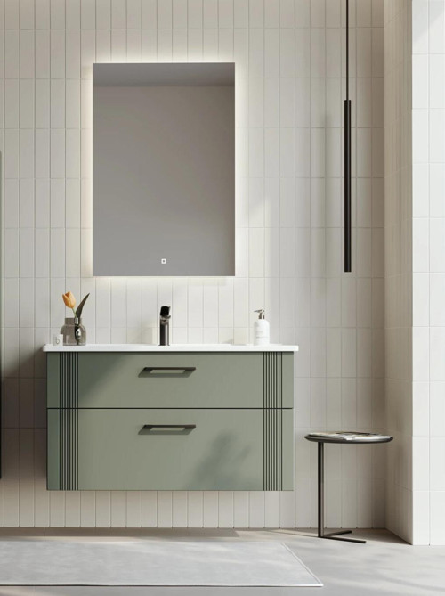 Bari 100 cm Mat Yeşil Banyo Dolabı Takımı (Ledli Ayna)