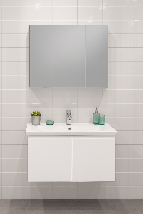 Terme 80 cm Parlak Beyaz Kapaklı Banyo Dolabı Takımı (Dolaplı Ayna)