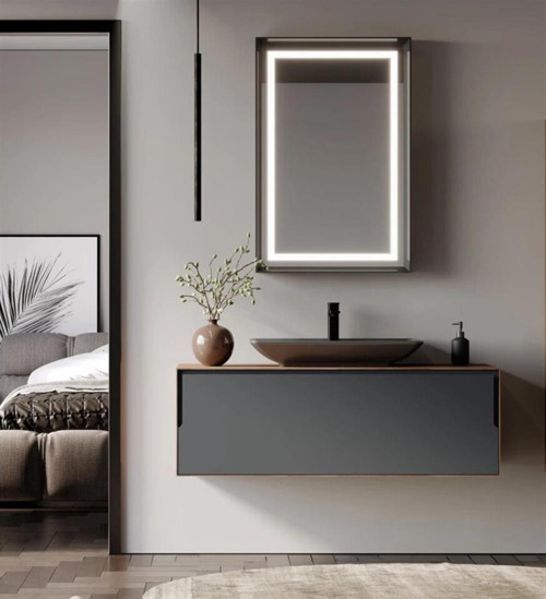 Craft 120 cm Ceviz Antrasit Banyo Dolabı Takımı (Ledli Ayna-Mat Antrasit Lavabo)