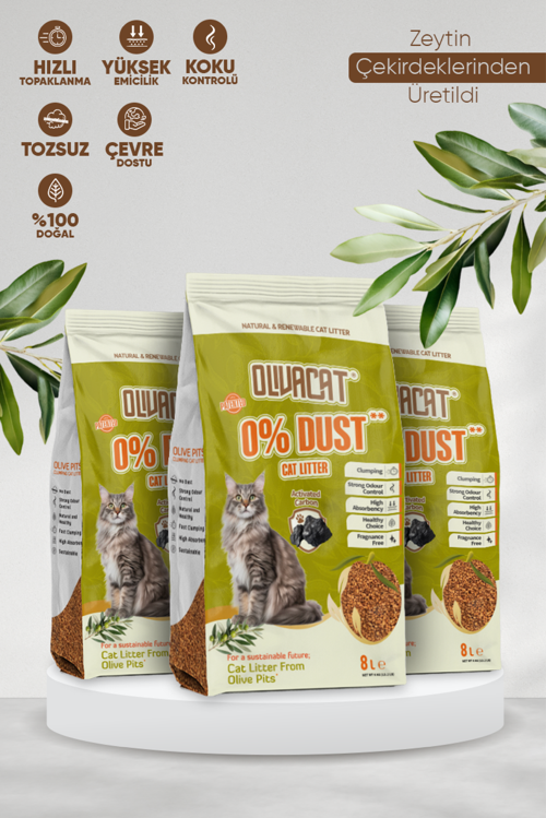 Zeytin Çekirdeğinden Üretilen Aktif Karbonlu Tozsuz Doğal Kedi Kumu 8 L 3 Adet