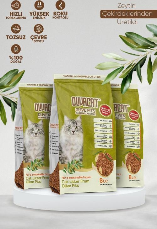 Zeytin Çekirdeğinden Üretilen Aktif Karbonlu Tozsuz Doğal Kedi Kumu 8 L 3 Adet