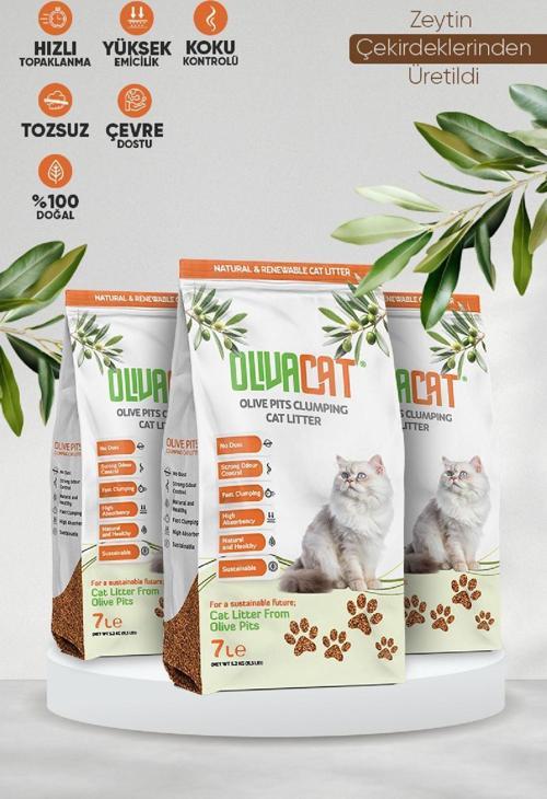Zeytin Çekirdeğinden Üretilen Doğal Tozsuz Kedi Kumu 7 L 3 Adet