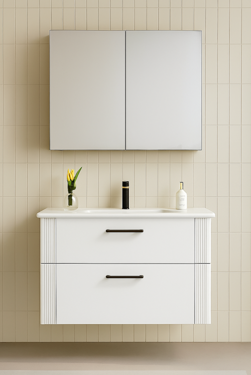Bari 85 cm Mat Beyaz Banyo Dolabı Takımı (Dolaplı Ayna)
