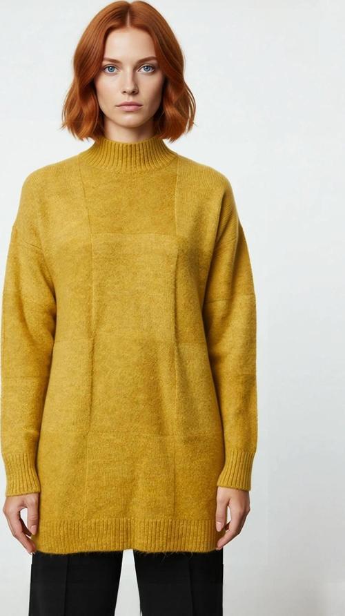 Kadın Uzun Kol Dik Yaka Regular Kalıp Geometrik Desen Triko Tunik Kazak Günlük Şıklığı Tamamlar