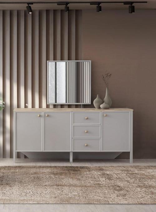 Yakamoz Sis Gri Çekmeceli Dolaplı Aynasız Büfe Konsol 185x48x82cm