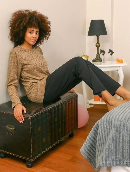 Giyim Kadın Uzun Kol Penye Pijama Takım Sütlü Kahve