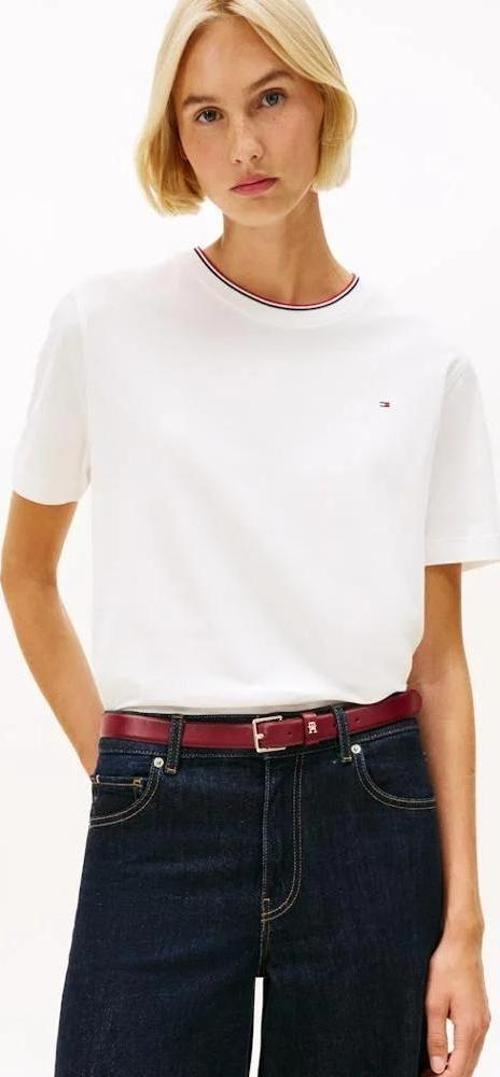 İkonik Şeritli Pike Bisiklet Yaka Kısa Kollu Kadın Beyaz T-shirt WW0WW47310YBL