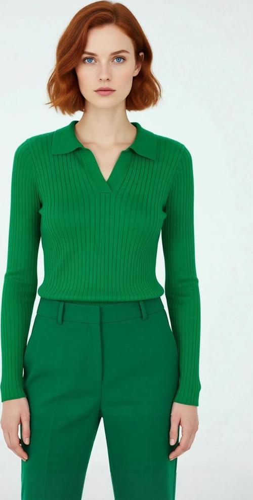 Kadınlara Özel Basic Regular Kesim Polo Yaka Fitilli Triko Kazak Modern ve Konforlu Stil Kaliteli