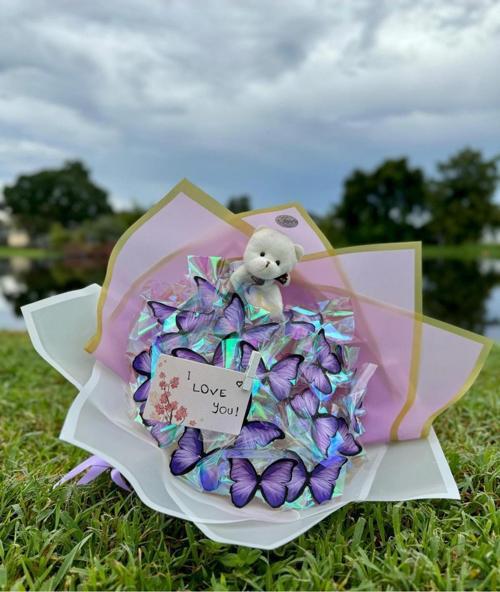 Yeni Konsept Hediye - Led Işıklı Kelebek Buketi, Ayıcık Hediyeli