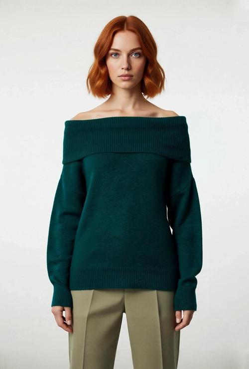 Kadın Regular Kalıp Omuz Dekolteli Düz Desen Triko Kazak Soğuk Havalar İçin Şık Seçim Kaliteli