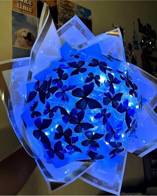 Işıklı Kelebek Buketi, Solmayan Çiçek Buket, Büyük Boy - Mavi