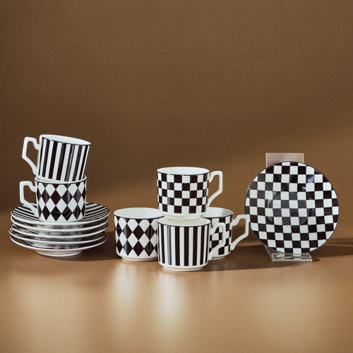 Geometrik 6 Kişilik Kahve Fincan Takımı 90 ml Siyah Beyaz