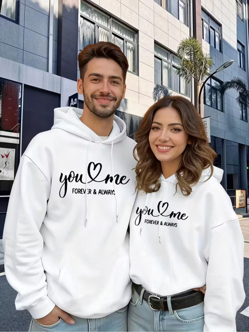 Sevgili Çift Kombini Sevimli You Love & Always Kapüşonlu Sweatshirt 2Li Set Takım 3 İplik Pamuk