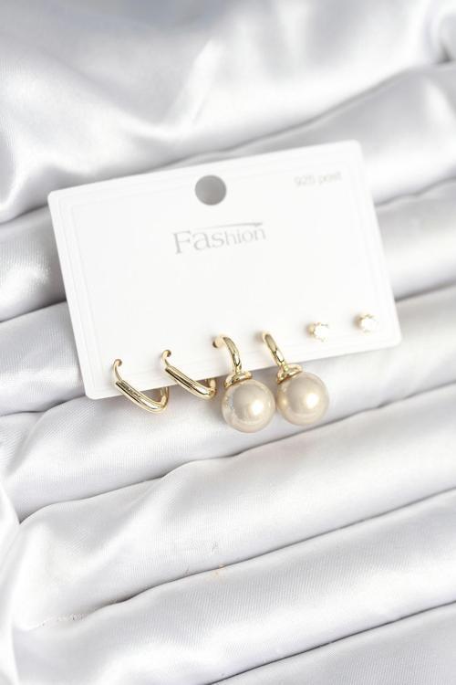 Zarif Kulaklar için Golden Pirinç İncili Stil 925 Silver Çivili Küpe Seti