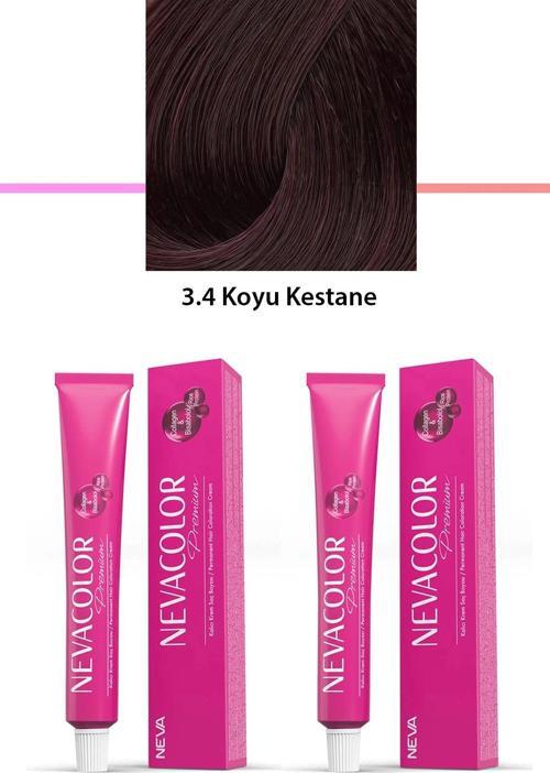 2 li Set Premium 3.4 Koyu Kestane - Kalıcı Krem Saç Boyası 2 X 50 g Tüp