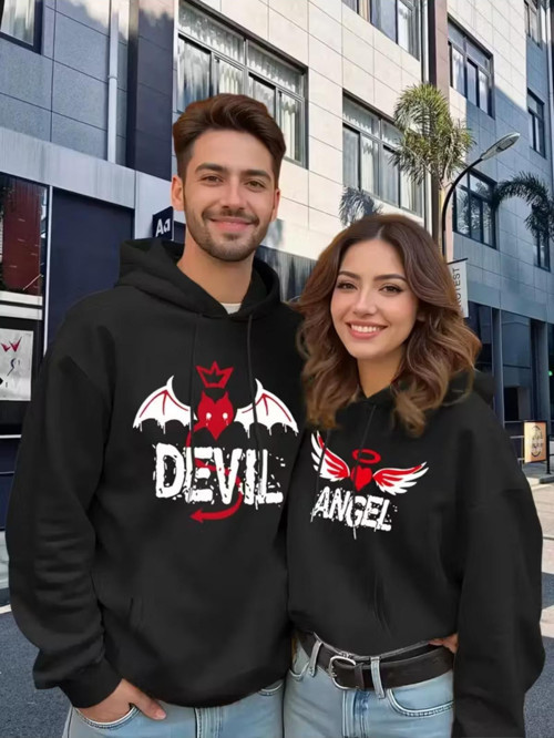 Sevgili Çift Kombin Devil & Angel Baskılı Renk Kapüşonlu Sweatshirt 2Li Set Takım 3 İplik Pamuk
