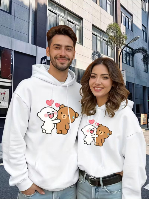 Sevgili Çift Kombini Sevimli Ayıcık Baskılı Kapüşonlu Sweatshirt 2Li Set Takım 3 İplik Pamuk