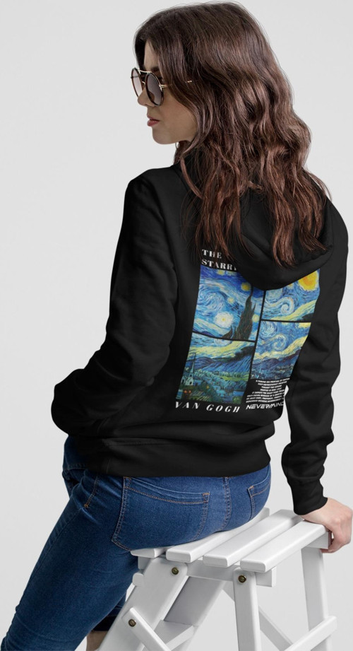 Unisex Oversize Hoodie – Van Gogh Starry Night Baskılı Kapüşonlu Sweatshirt, Rahat Kalıp