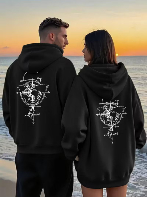 Sevgili Çift Kombini Dünya Haritası Desenli Kapüşonlu Sweatshirt 2Li Set Takım Pamuk
