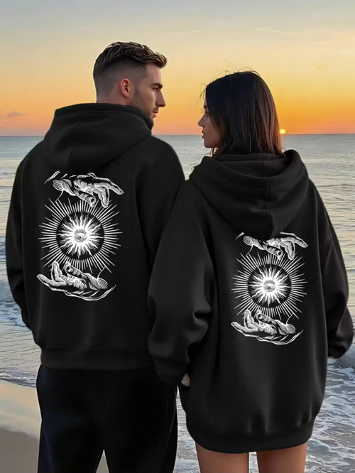 Sevgili Çift Kombini Güneş Ve El Desenli Hoodie Kapüşonlu Sweatshirt 2Li Set Takım 3 İplik Pamuk