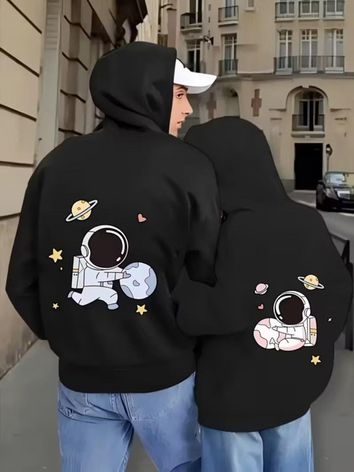 Sevgili Çift Kombini Astronot Temalı Siyah Hoodie Takımı – Pamuklu Oversize Sweatshirt 2'Li Set