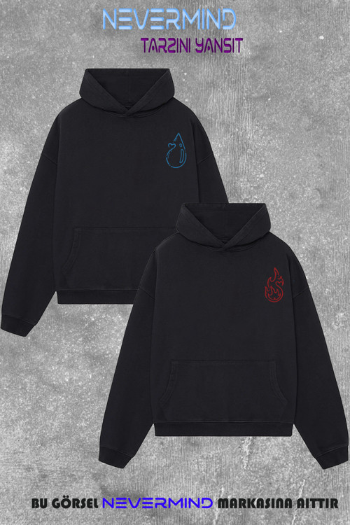 Sevgili Çift Kombin Ateş Ve Su Baskılı Renk Kapüşonlu Sweatshirt 2Li Set Takım 3 İplik