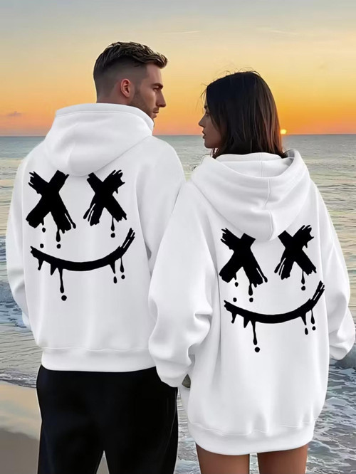 Sevgili Çift Kombin Gülümseme Baskılı Renk Kapüşonlu Sweatshirt 2Li Set Takım 3 İplik Pamuk