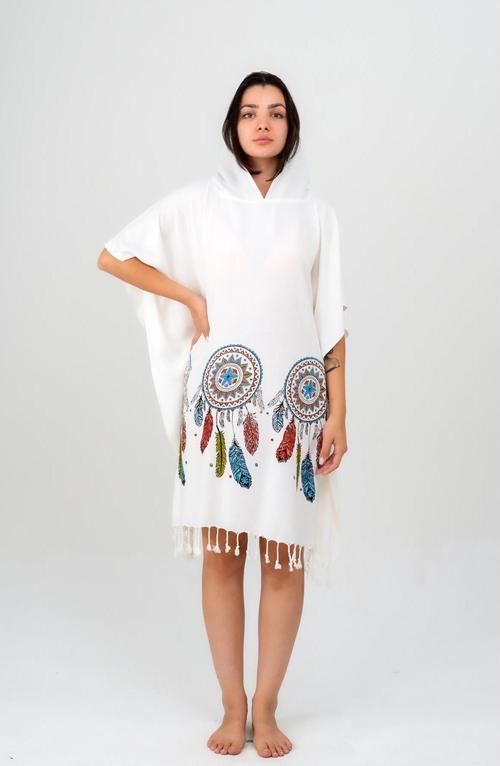 Viskon Baskılı Kapşonlu Panço -Tüy