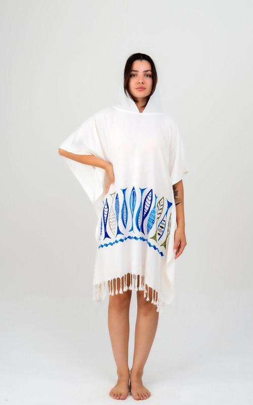 Viskon Baskılı Kapşonlu Panço - Mavi Balık