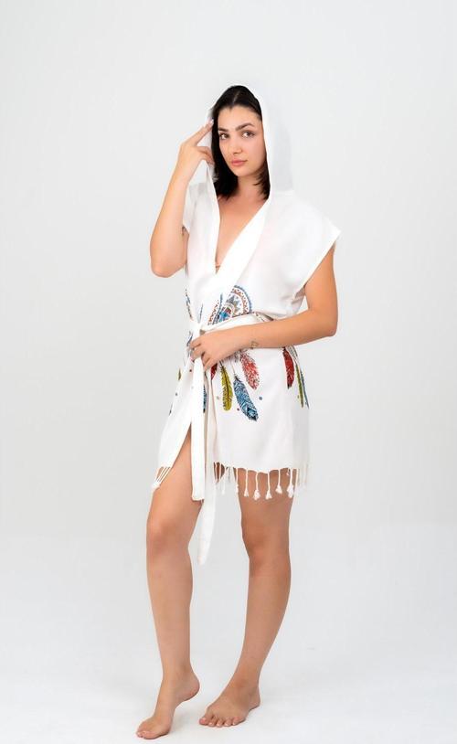 Viskon Baskılı Yelek Elbise -Tüy