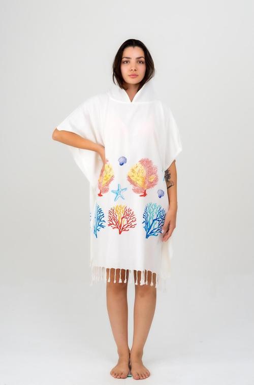 Viskon Baskılı Kapşonlu Panço -Renkli Mercan