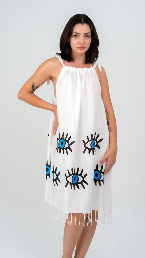 Viskon Baskılı İpli Bağlamalı Elbise -Gözler