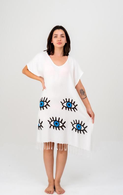 Viskon Baskılı V Yaka Elbise -Gözler