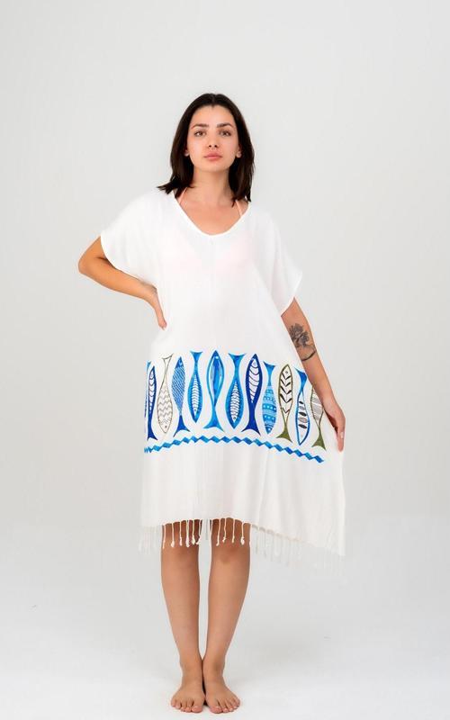 Viskon Baskılı V Yaka Elbise -Mavi Balık