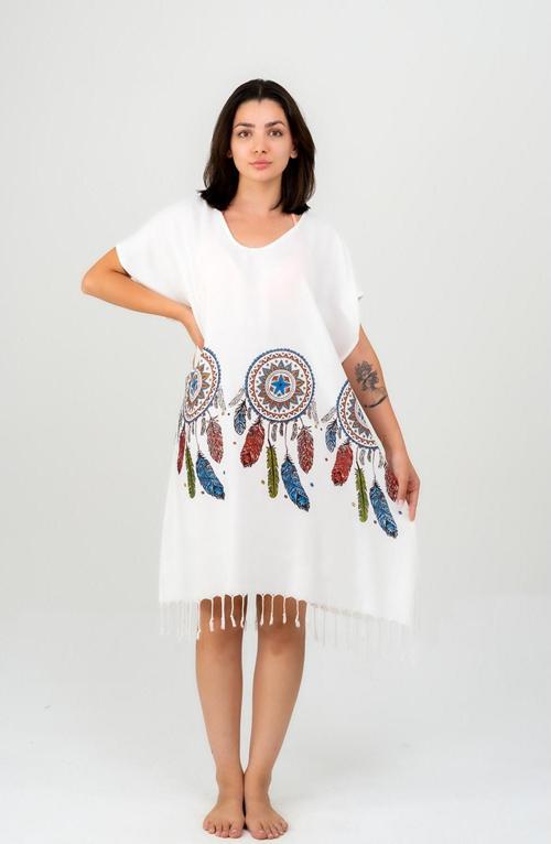 Viskon Baskılı V Yaka Elbise -Tüy