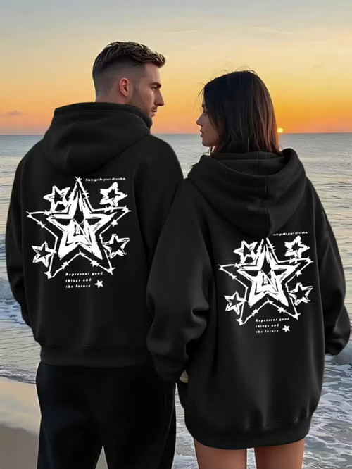 Yıldız Desenli Baskılı Hoodie – Trend Sevgili Kombini Oversize 3 İplik Sweatshirt 2'Li Set