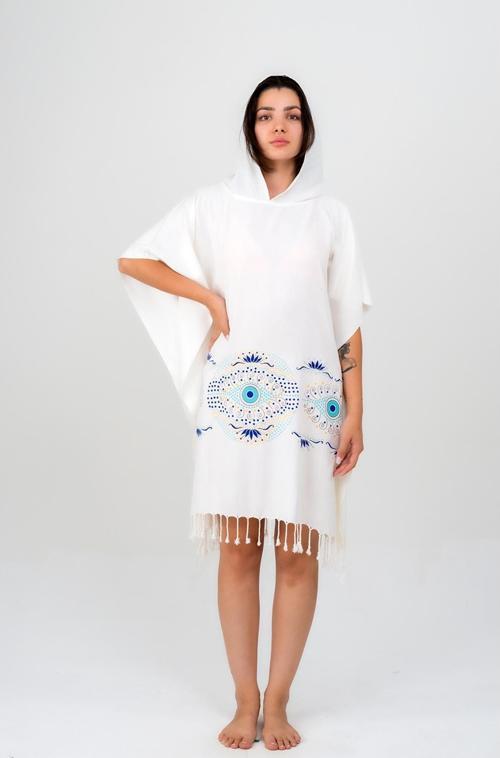 Viskon Baskılı Kapşonlu Panço -Nazar Göz