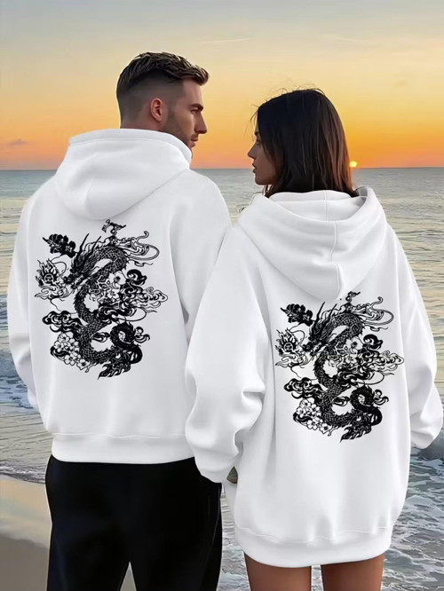 Sevgili Kombini Ejderha Sırt Desenli Kapşonlu Sweatshirt – Oversize 3 İplik Unisex Hoodie